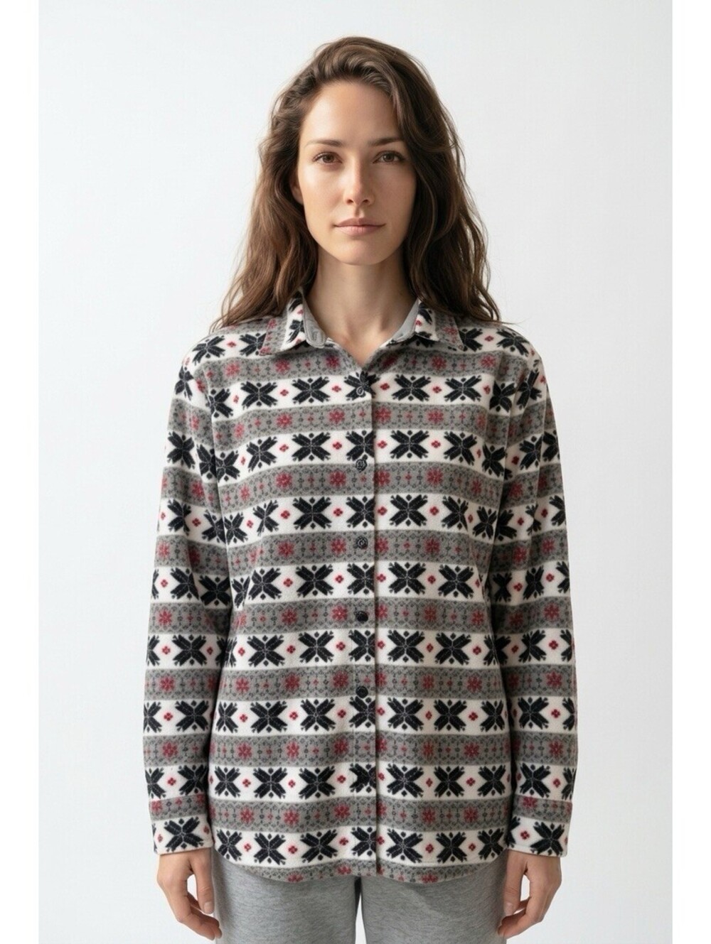 Lee Riders Womens XL Fleece Shirt Black White Red Grey Snowflake Pattern